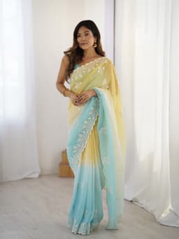 Pastel Yellow Aqua Blue Ombre Crunchy Silk Saree With Embroidery
