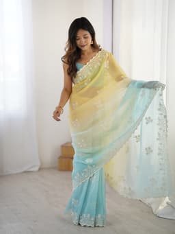 Pastel Yellow Aqua Blue Ombre Crunchy Silk Saree With Embroidery