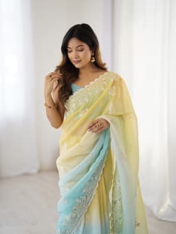 Pastel Yellow Aqua Blue Ombre Crunchy Silk Saree With Embroidery