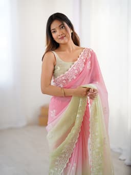 Pastel Pink Pista Green Ombre Crunchy Silk Saree With Embroidery