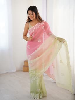 Pastel Pink Pista Green Ombre Crunchy Silk Saree With Embroidery