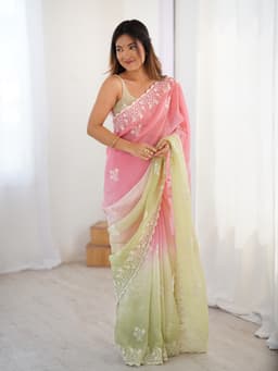 Pastel Pink Pista Green Ombre Crunchy Silk Saree With Embroidery