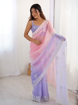Pastel Pink Lavender Ombre Crunchy Silk Saree With Embroidery