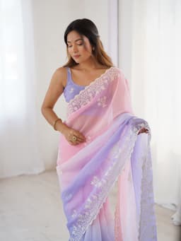Pastel Pink Lavender Ombre Crunchy Silk Saree With Embroidery