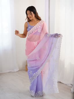Pastel Pink Lavender Ombre Crunchy Silk Saree With Embroidery