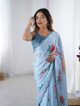 Sky Blue Floral Printed Chinon Saree With Mirror Work