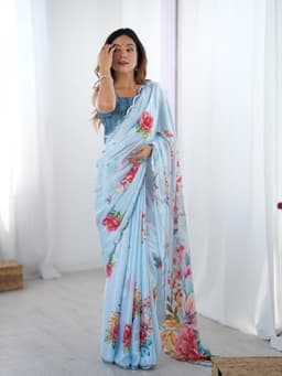 Sky Blue Floral Printed Chinon Saree With Mirror Work