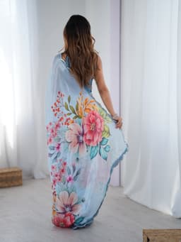 Sky Blue Floral Printed Chinon Saree With Mirror Work