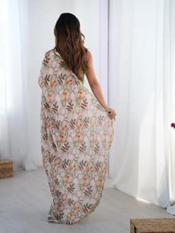 Beige Multicolor Printed Chinon Saree with Mirror Work