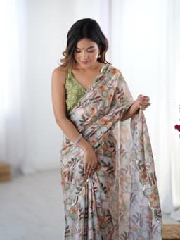 Beige Multicolor Printed Chinon Saree with Mirror Work