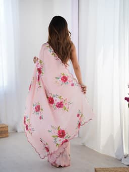 Blush Pink Floral Printed Chinon Saree with Mirror Work