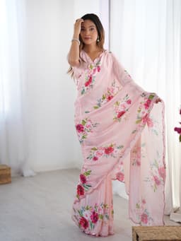 Blush Pink Floral Printed Chinon Saree with Mirror Work