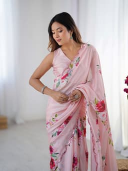 Blush Pink Floral Printed Chinon Saree with Mirror Work