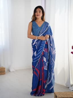 Royal Blue Abstract Printed Chinon Saree with Mirror Work