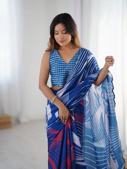 Royal Blue Abstract Printed Chinon Saree with Mirror Work
