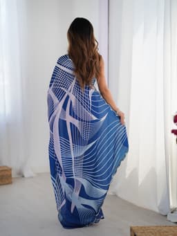 Royal Blue Abstract Printed Chinon Saree with Mirror Work