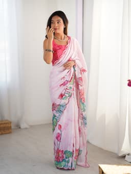 Pastel Pink Lotus Printed Chinon Saree with Mirror Work