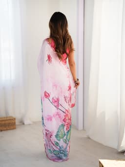 Pastel Pink Lotus Printed Chinon Saree with Mirror Work