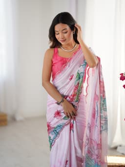 Pastel Pink Lotus Printed Chinon Saree with Mirror Work