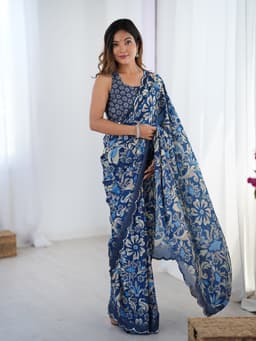 Indigo Blue Floral Printed Chinon Saree with Mirror Work