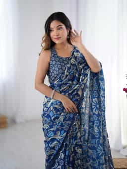 Indigo Blue Floral Printed Chinon Saree with Mirror Work