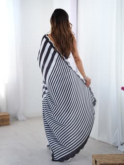 Black and White Striped Chinon Saree with Mirror Work