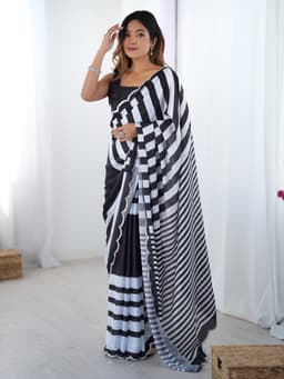 Black and White Striped Chinon Saree with Mirror Work