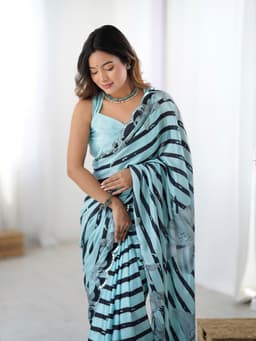 Mint Aqua and Black Printed Chinon Saree with Mirror Lace Border