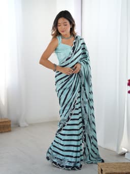Mint Aqua and Black Printed Chinon Saree with Mirror Lace Border