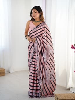 Pink Abstract Stripe Designer Chinon Saree with Floral Print