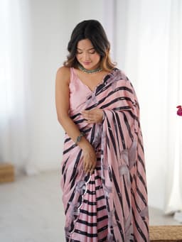 Pink Abstract Stripe Designer Chinon Saree with Floral Print