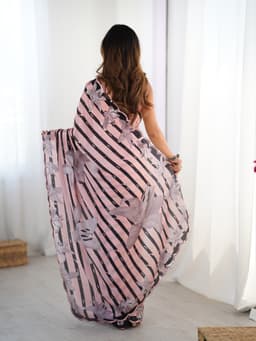 Pink Abstract Stripe Designer Chinon Saree with Floral Print