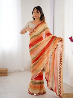 Sunset Orange Designer Laheriya Printed Chiffon Saree