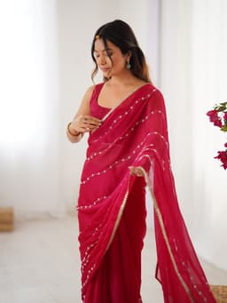 Designer Red Sequin Chiffon Saree