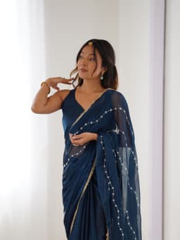 Designer Navy Sequin Chiffon Saree