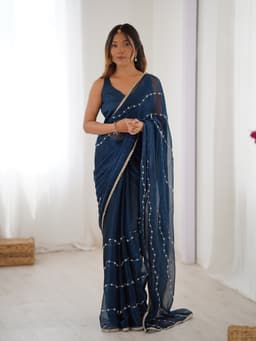 Designer Navy Sequin Chiffon Saree