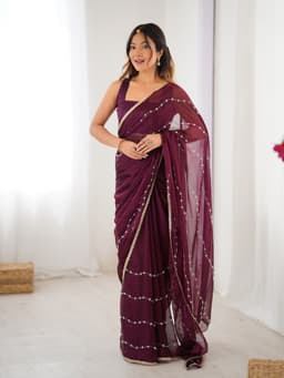 Wine Sitara Chiffon Saree with Beads Work