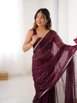 Wine Sitara Chiffon Saree with Beads Work