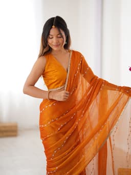 Orange Sitara Chiffon Saree with Beads Work