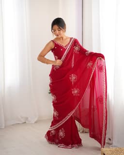 Crimson Satin Embellished Wedding Saree