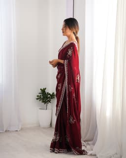 Wine Satin Floral Embellished Saree