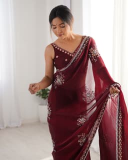 Wine Satin Floral Embellished Saree
