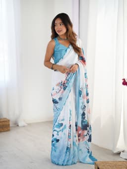 Sky Blue Chinon Printed Mirror Saree
