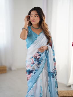 Sky Blue Chinon Printed Mirror Saree
