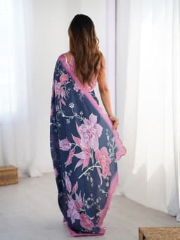 Navy Pink Floral Chinon Mirror Saree