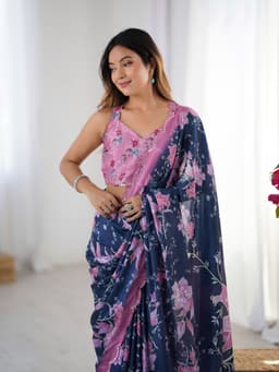 Navy Pink Floral Chinon Mirror Saree