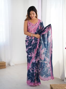 Navy Pink Floral Chinon Mirror Saree