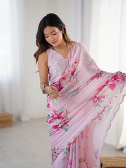 Pink Floral Printed Chinon Saree