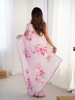 Pink Floral Printed Chinon Saree
