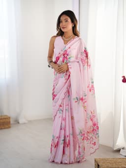 Pink Floral Printed Chinon Saree